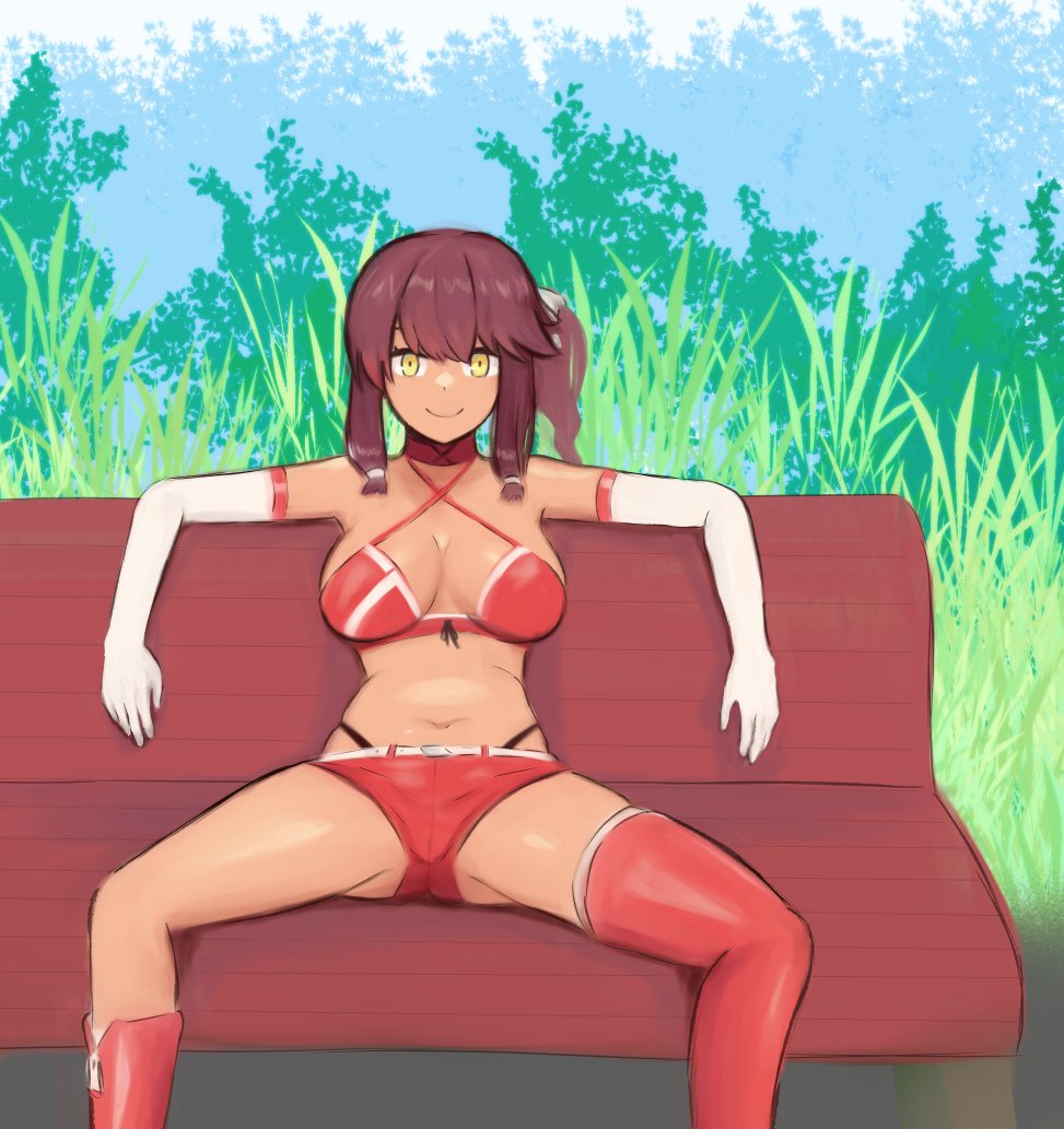 1girl bench bench_tails_(meme) bra breasts brown_hair cellix closed_mouth derivative_work elbow_gloves feet_out_of_frame girls_frontline gloves grass hair_ribbon looking_at_viewer medium_breasts medium_hair meme navel outdoors park_bench red_bra red_footwear red_legwear red_shorts red_tank_top ribbon saiga-12_(crimson_navigator)_(girls'_frontline) saiga-12_(girls'_frontline) shorts single_thighhigh sitting smile solo spread_legs tank_top thigh-highs underwear white_gloves white_ribbon yellow_eyes