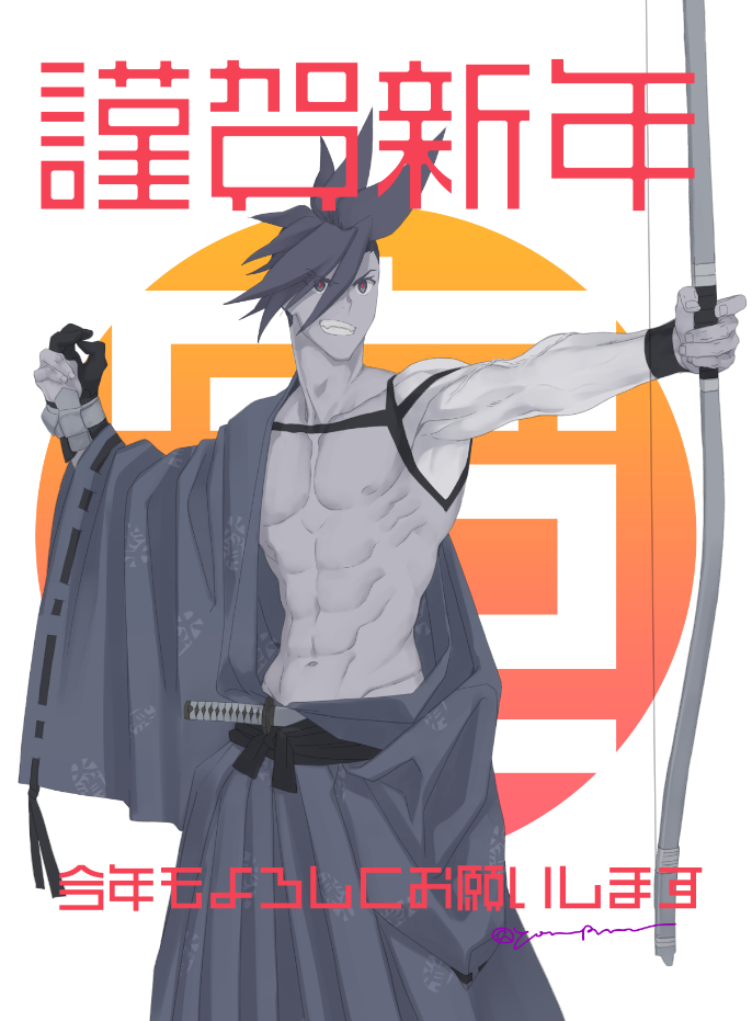 1boy abs black_gloves bow_(weapon) eyebrows_visible_through_hair foreground_text galo_thymos gloves grin half_gloves holding holding_bow_(weapon) holding_weapon japanese_clothes male_focus mohawk pectorals promare red_eyes sidecut signature smile solo spot_color sword toned toned_male topless_male weapon white_background yon_prmr