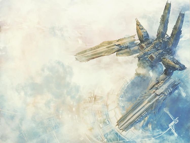 cannon city clouds english_commentary from_above macross macross_delta macross_elysion mecha no_humans official_art scenery science_fiction solo standing tenjin_hidetaka