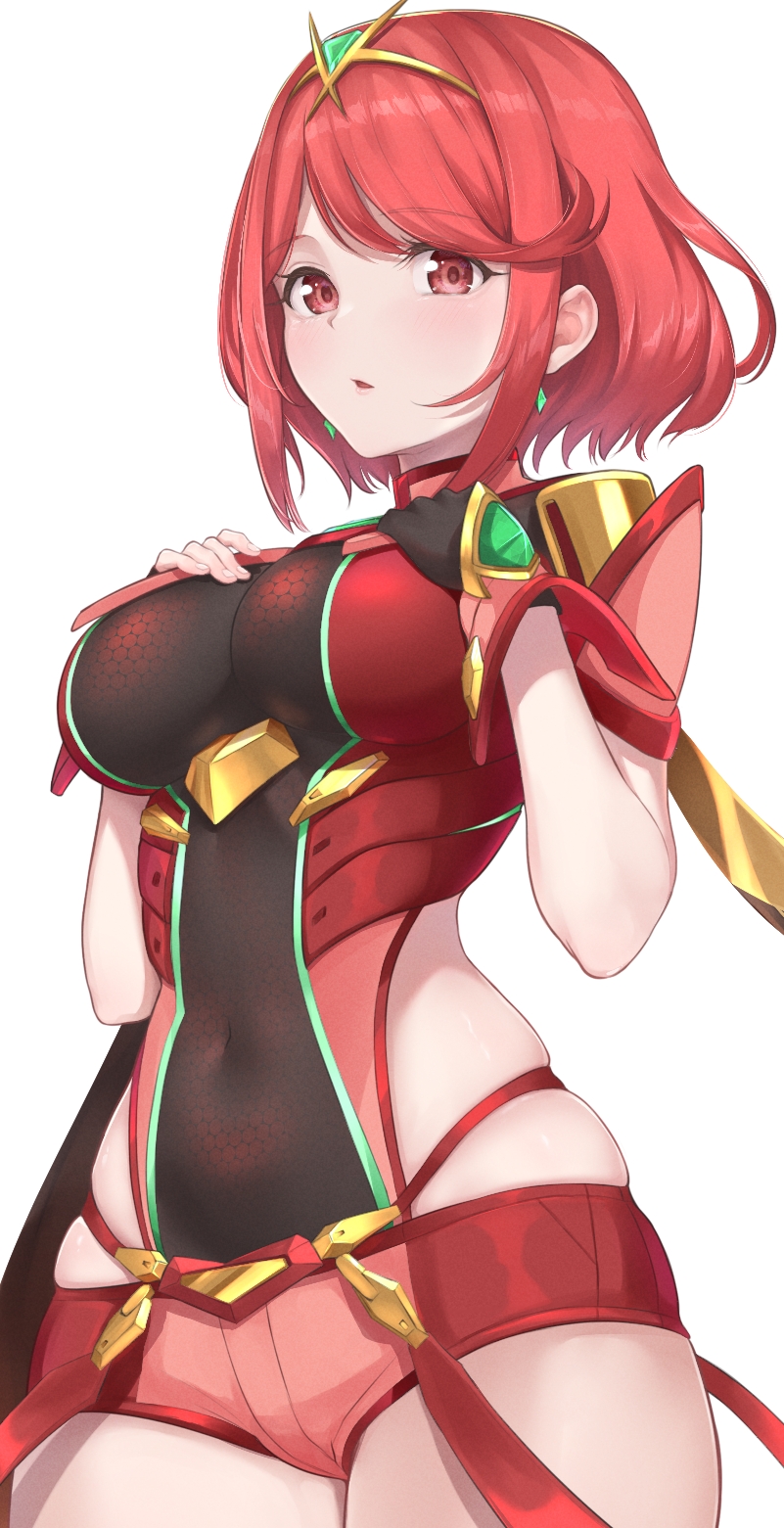 1girl armor bangs black_gloves blaze_(blaze_pso2) bodysuit breasts chest_jewel covered_navel eyebrows_visible_through_hair gloves hands_on_own_chest highres large_breasts looking_at_viewer open_mouth partially_fingerless_gloves pyra_(xenoblade) red_eyes red_shorts redhead short_hair short_shorts shorts shoulder_armor skindentation solo swept_bangs tiara white_background xenoblade_chronicles_(series) xenoblade_chronicles_2