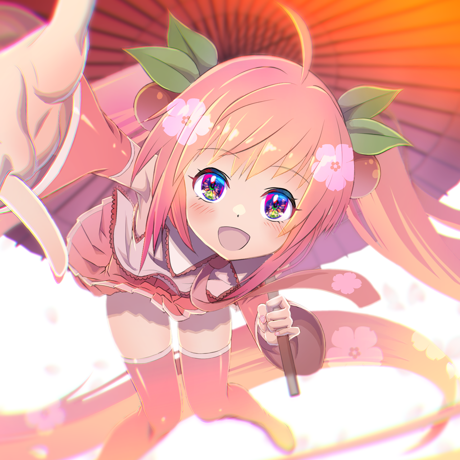 1girl :d ahoge blurry blush boots depth_of_field flower foot_out_of_frame from_above hair_flower hair_ornament hatsune_miku holding knees_together_feet_apart long_hair looking_at_viewer open_mouth pink_hair pleated_skirt sakura_miku shiroi_karasu simple_background skirt smile solo symbol-shaped_pupils thigh-highs thigh_boots twintails very_long_hair vocaloid white_background