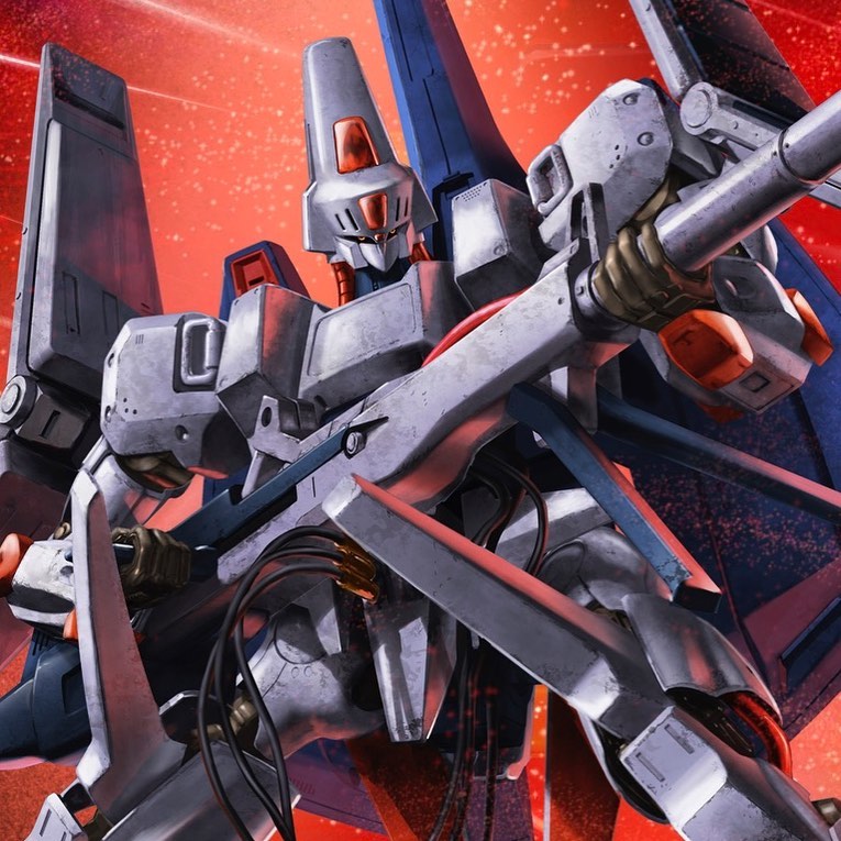 box_art cable cropped gun holding holding_gun holding_weapon juusenki_l-gaim l-gaim_mk_ii looking_to_the_side mecha no_humans official_art red_background red_eyes science_fiction solo tenjin_hidetaka weapon