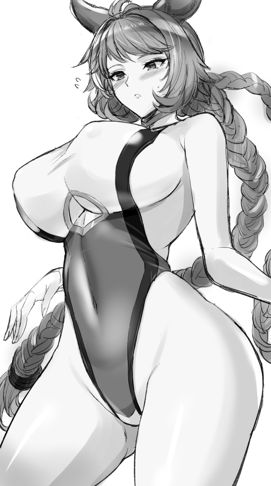 1girl animal_ears bangs bare_shoulders blush braid breasts greyscale highleg highleg_swimsuit kumakichi_(cost-lost) large_breasts long_hair monochrome one-piece_swimsuit sideboob solo swept_bangs swimsuit thighs