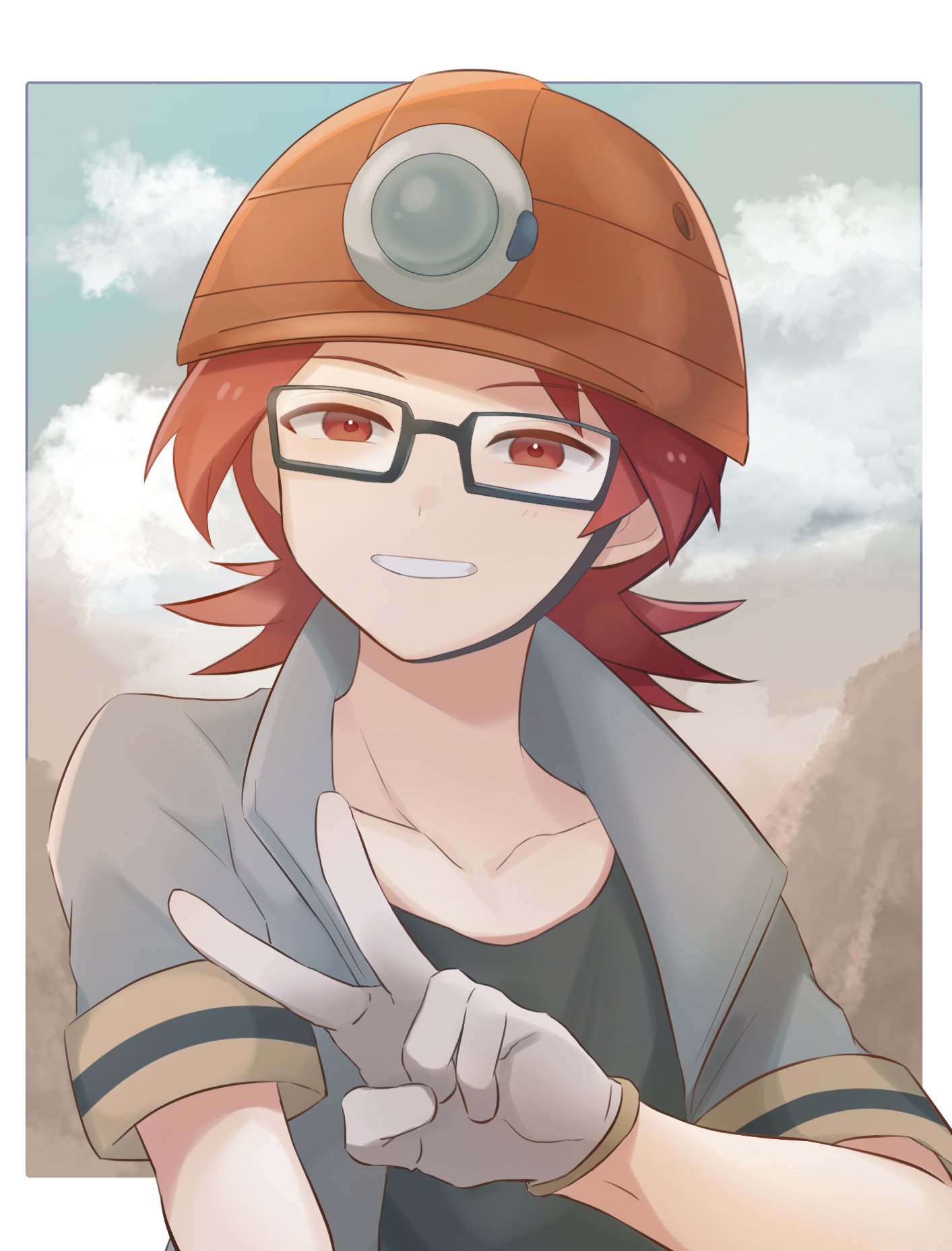 1boy black-framed_eyewear black_shirt border clouds collarbone commentary_request glasses gloves grey_jacket grin helmet highres jacket male_focus pokemon pokemon_(game) pokemon_dppt red_eyes redhead roark_(pokemon) shirt short_sleeves sioinari_03 sky smile solo teeth upper_body white_border white_gloves