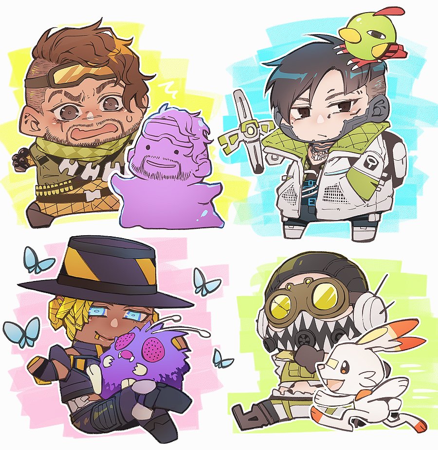 4boys apex_legends black_eyes black_headwear blue_butterfly blue_eyes brown_hair bug butterfly chibi crossed_legs crossover crypto_(apex_legends) dark-skinned_male dark_skin ditto drone facial_hair fang goatee goggles green_scarf hack_(apex_legends) hand_in_pocket lip_piercing male_focus mirage_(apex_legends) multiple_boys natu octane_(apex_legends) orange_eyes piercing pokemon pokemon_(creature) running scarf scorbunny seer_(apex_legends) senbiki_(nonono69) sitting smile surprised transformed_ditto undercut v-shaped_eyebrows violet_eyes