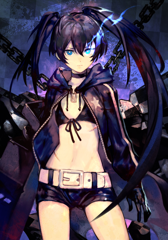 1girl arm_cannon arms_at_sides bangs belt belt_buckle bikini bikini_top_only black_bikini black_choker black_gloves black_hair black_hoodie black_rock_shooter black_rock_shooter_(character) black_shorts blue_eyes bright_pupils buckle chain checkered_background choker closed_mouth contrapposto cowboy_shot fire flat_chest front-tie_bikini front-tie_top gloves glowing glowing_eye groin hair_between_eyes hankuri hood hood_down hoodie light_frown long_hair navel print_hoodie scar short_shorts shorts sidelocks solo star_(symbol) swimsuit twintails very_long_hair weapon white_belt white_pupils