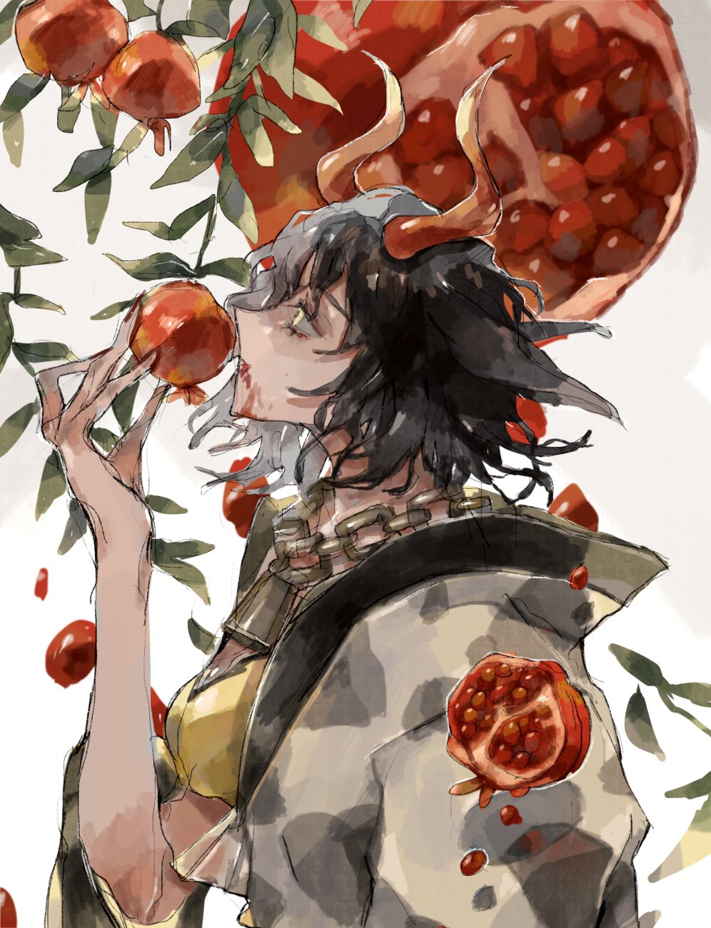 1girl animal_ears animal_print black_hair commentary_request cow_ears cow_girl cow_horns cow_print crop_top food fruit grey_hair haori highres horns japanese_clothes looking_to_the_side multicolored_hair pomegranate red_horns simple_background sosei split-color_hair tank_top touhou two-tone_hair ushizaki_urumi white_background yellow_tank_top