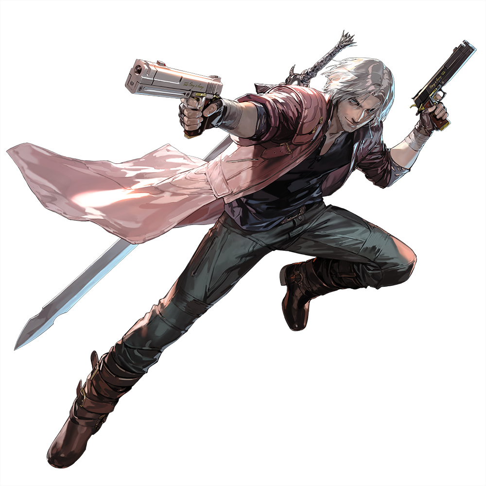 1boy bangs black_pants black_shirt blue_eyes boots brown_footwear dante_(devil_may_cry) devil_may_cry_(series) devil_may_cry_5 dual_wielding facial_hair gun handgun holding holding_gun holding_weapon jacket looking_at_viewer male_focus medium_hair mita_chisato pants pistol red_jacket shirt smile solo stubble sword weapon weapon_on_back white_background white_hair