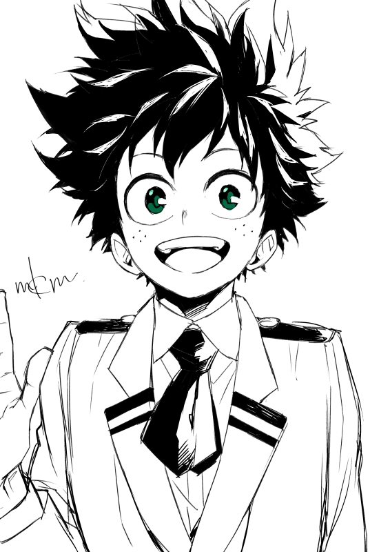 1boy blazer boku_no_hero_academia collared_shirt freckles green_eyes greyscale hand_up jacket looking_at_viewer male_focus midoriya_izuku mkm_(mkm_storage) monochrome necktie open_mouth raised_eyebrows school_uniform shirt signature simple_background smile solo spot_color u.a._school_uniform white_background