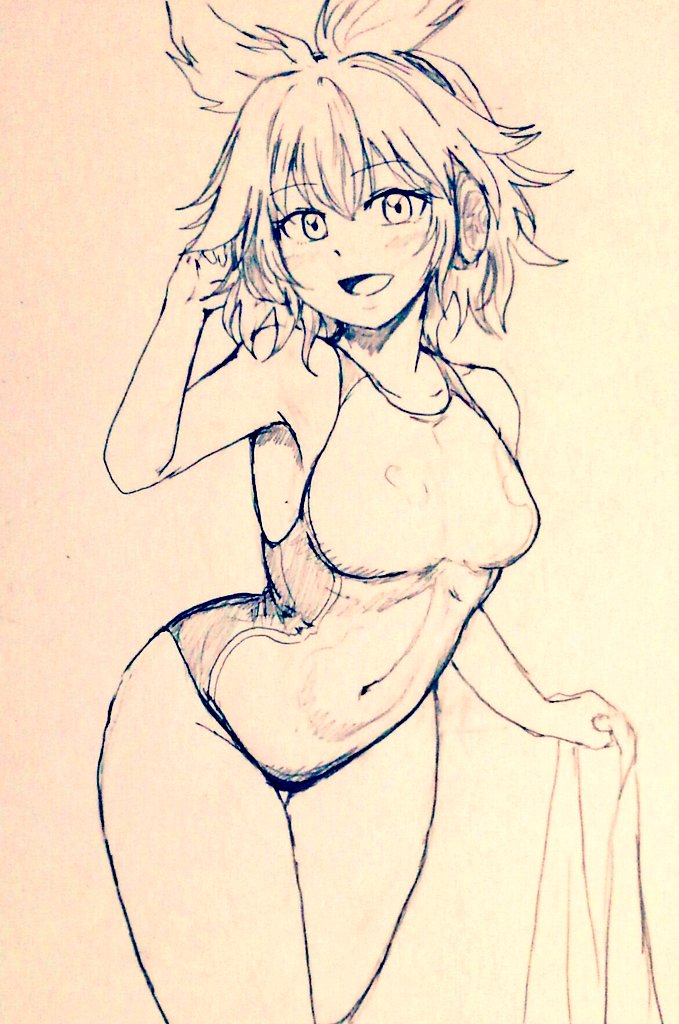 1girl breasts collarbone commentary_request covered_navel cowboy_shot d-m_(dii_emu) earmuffs eyebrows_visible_through_hair eyelashes greyscale looking_at_viewer medium_breasts monochrome one-piece_swimsuit open_mouth pointy_hair sarong short_hair swimsuit touhou toyosatomimi_no_miko traditional_media