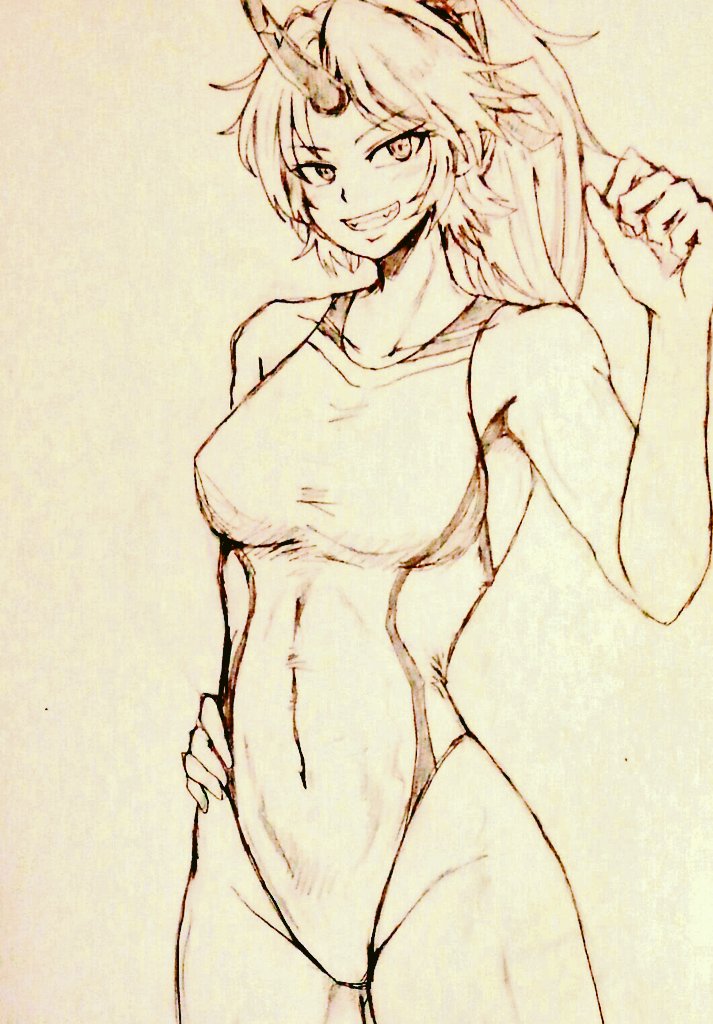 1girl ass_visible_through_thighs bow braid breasts collarbone commentary_request covered_navel d-m_(dii_emu) eyebrows_visible_through_hair eyelashes greyscale grin hand_on_hip horns hoshiguma_yuugi looking_at_viewer medium_breasts monochrome one-piece_swimsuit oni_horns single_braid smile swimsuit tied_hair touhou traditional_media