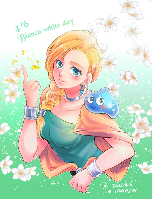 1girl bianca_(dq5) birthday blonde_hair blue_eyes blush bracelet braid breasts cape choker defense_zero dragon_quest dragon_quest_v earrings english_text flower green_eyes hair_over_shoulder jewelry large_breasts long_hair looking_at_viewer orange_cape single_braid slime_(dragon_quest) smile