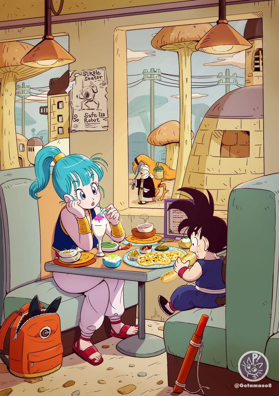 1boy 1girl bag black_hair blue_eyes blue_hair booth_seating breasts bulma cafe commentary_request desert diner dragon_ball dragon_ball_(classic) eating food highres holding ice_cream indoors norita_(6110885) open_mouth ponytail power_lines restaurant sandals school_bag sitting smile son_goku spiky_hair spoon staff table