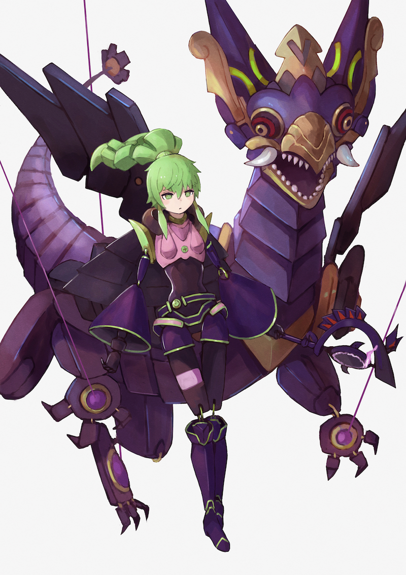 1girl belt colored_sclera doll_joints dragon duel_monster el_shaddoll_winda fangs floating floating_hair full_body green_eyes green_hair horns ishii_(young-moon) joints long_hair long_sleeves multicolored_eyes open_mouth ponytail pulao puppet_strings purple_sclera red_eyes sharp_teeth shorts simple_background teeth white_background wide_sleeves yellow_eyes yu-gi-oh!