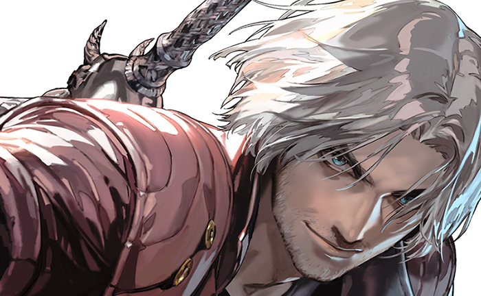 1boy bangs blue_eyes close-up dante_(devil_may_cry) devil_may_cry_(series) devil_may_cry_5 facial_hair jacket looking_at_viewer male_focus medium_hair mita_chisato portrait red_jacket smile solo stubble sword weapon weapon_on_back white_background white_hair