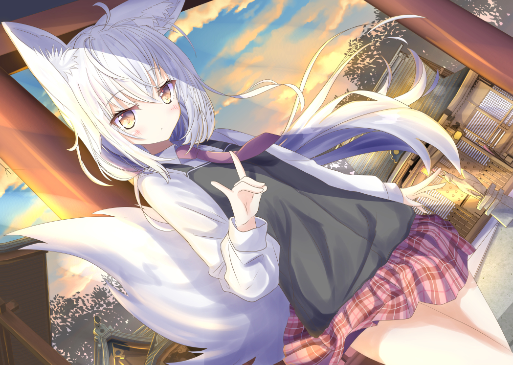 1girl ahoge animal_ears aruka_(alka_p1) bangs black_camisole blue_sky blush brown_eyes brown_necktie camisole closed_mouth clouds cloudy_sky collared_shirt commentary_request dutch_angle eyebrows_visible_through_hair fox fox_ears fox_girl fox_shadow_puppet fox_tail hair_between_eyes long_hair long_sleeves looking_at_viewer necktie original outdoors pink_skirt plaid plaid_skirt pleated_skirt puffy_long_sleeves puffy_sleeves shirt silver_hair skirt sky solo standing statue sunset tail torii very_long_hair white_shirt