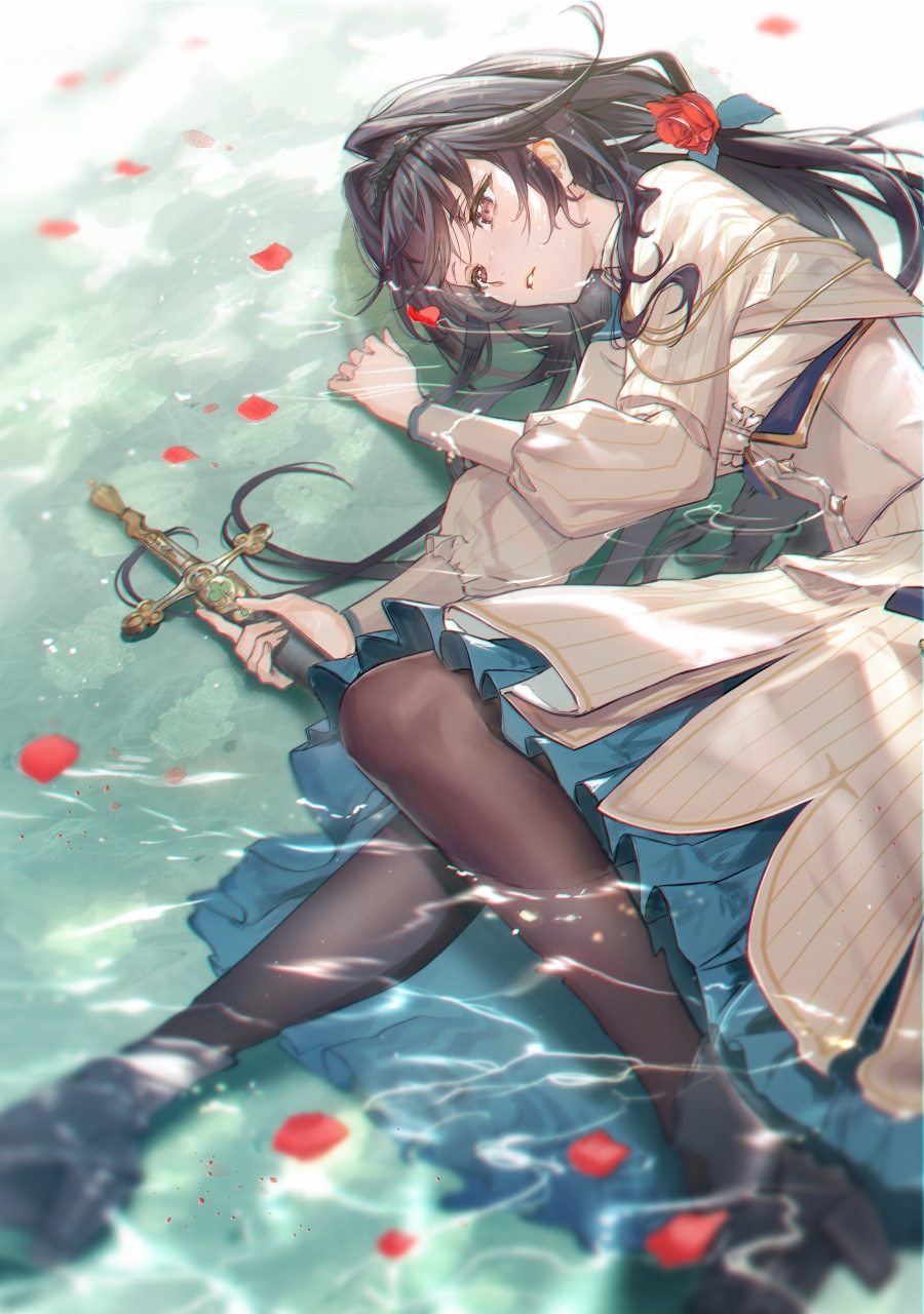 1girl black_hair blush commentary_request dress fetal_position frilled_dress frills hair_tie haru_(hiyori-kohal) high_heels highres holding holding_weapon in_water looking_ahead lying on_side original pantyhose parted_lips petals red_eyes ripples rose_petals solo sword tears twintails weapon wet