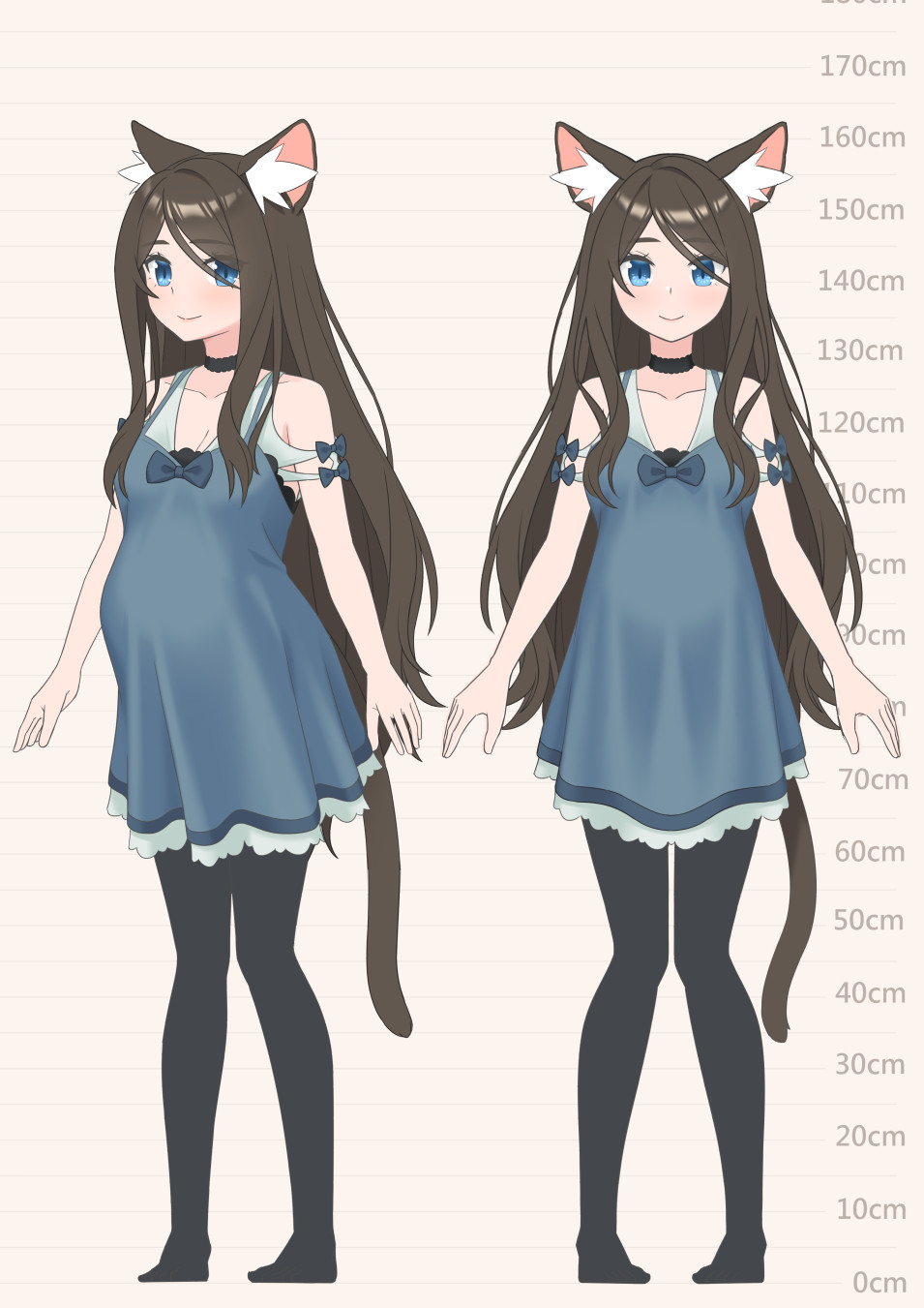 1girl aina_(mao_lian) animal_ear_fluff animal_ears arms_at_sides bare_shoulders black_choker black_legwear blue_bow blue_dress blue_eyes bow brown_hair cat_ears cat_tail choker closed_mouth dress height_chart highres long_hair looking_at_viewer mao_lian_(nekokao) multiple_views original pantyhose pigeon-toed pregnant smile standing tail