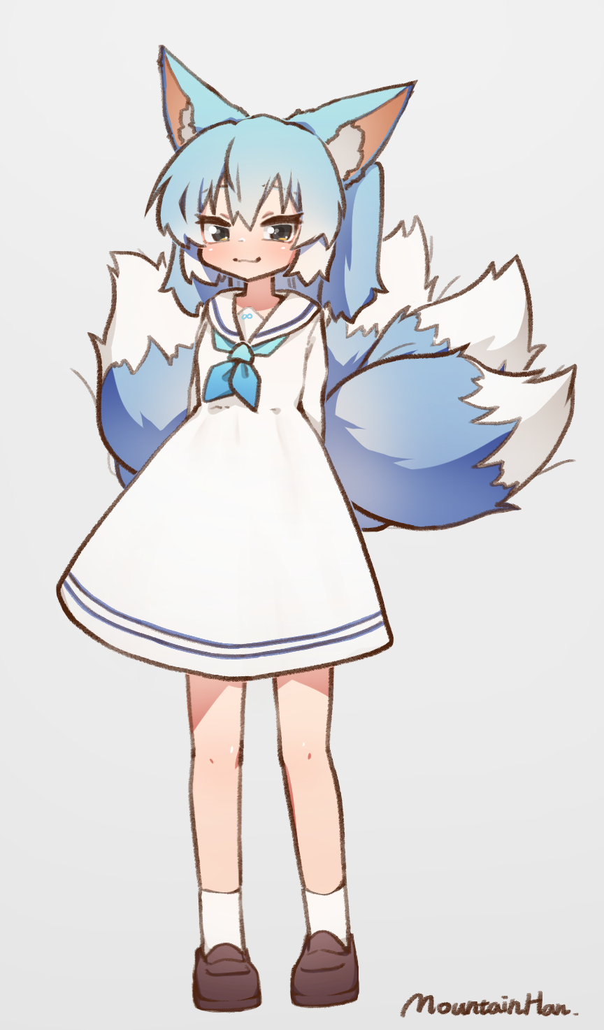 1girl ah_zhong_(mountain_han) animal_ears black_eyes blue_hair blue_neckerchief blush brown_footwear chinese_text closed_mouth dress fox_ears fox_tail full_body grey_background highres loafers looking_at_viewer mountain_han multiple_tails neckerchief original sailor_collar sailor_dress shoes signature simple_background smile socks solo tail translation_request two_side_up white_dress white_legwear white_sailor_collar
