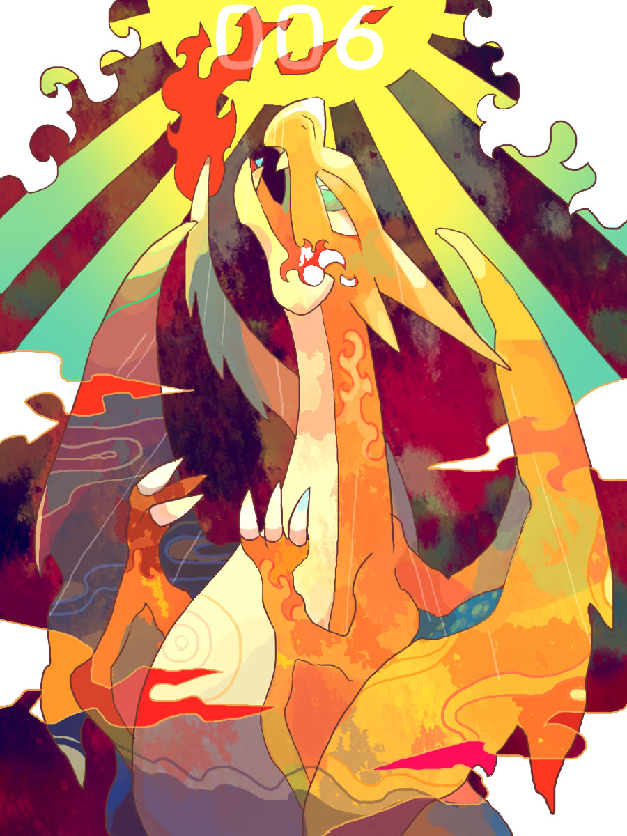 akadako animal_focus blue_eyes charizard claws commentary_request dated_commentary fangs flame-tipped_tail hands_up head_back highres looking_up mega_charizard_y mega_pokemon no_humans one-hour_drawing_challenge open_mouth partial_commentary pokedex_number pokemon pokemon_(creature) solo sunburst sunburst_background upper_body wings