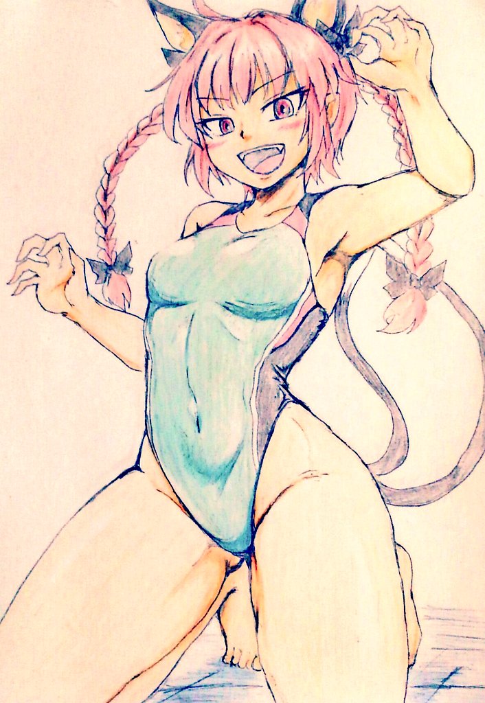 1girl animal_ears bare_legs barefoot braid breasts cat_ears cat_tail claw_pose colorized covered_navel d-m_(dii_emu) extra_ears eyelashes fang green_swimsuit kaenbyou_rin kneeling long_hair looking_at_viewer nekomata one-piece_swimsuit open_mouth red_eyes redhead small_breasts swimsuit tail toes touhou traditional_media twin_braids