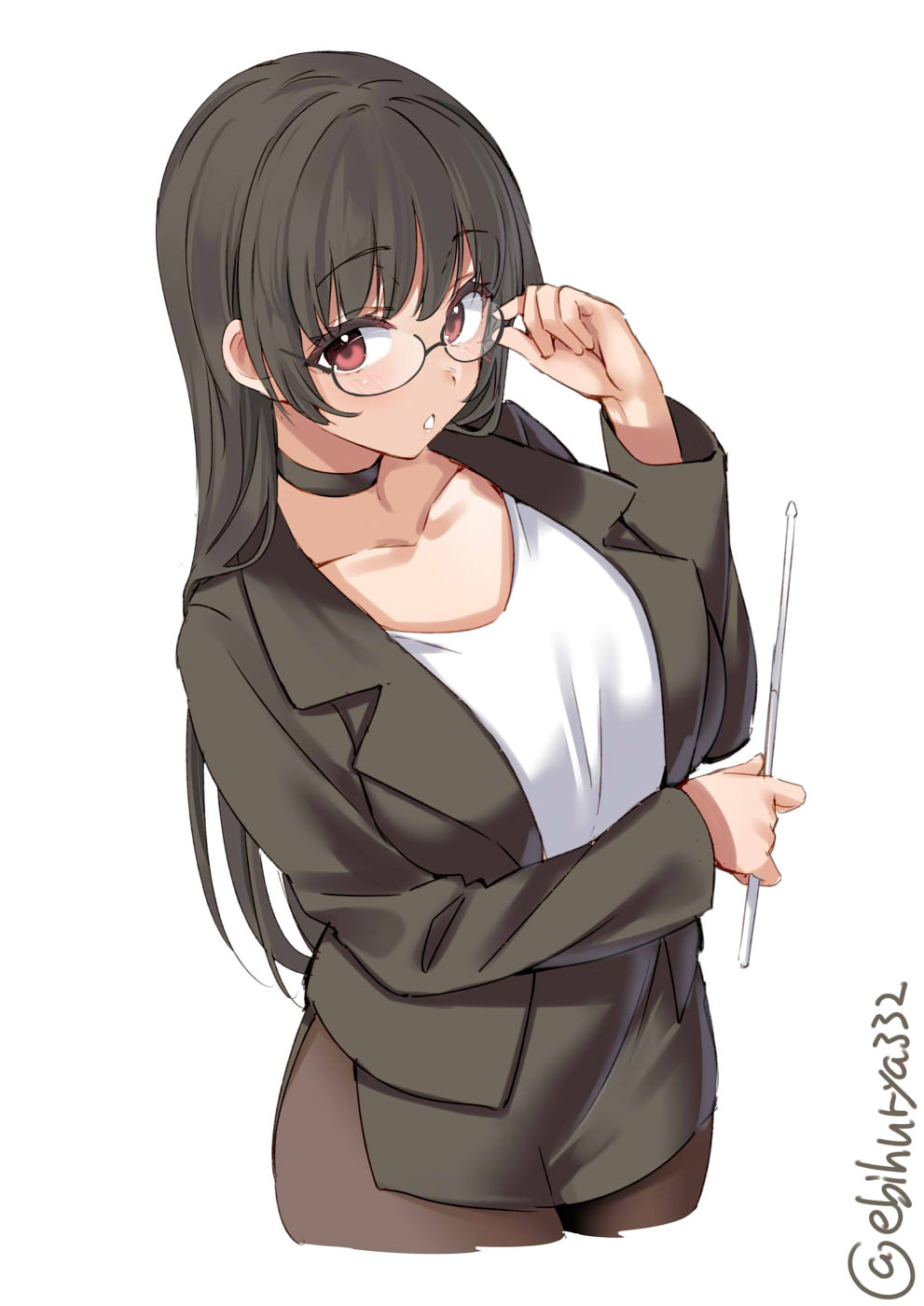 1girl adjusting_eyewear alternate_costume black_choker black_hair brown_legwear choker choukai_(kancolle) collarbone cropped_legs ebifurya eyebrows_visible_through_hair glasses highres holding holding_pointer jacket kantai_collection long_hair looking_at_viewer pointer red_eyes shirt side_slit skirt solo teacher twitter_username white_background white_shirt