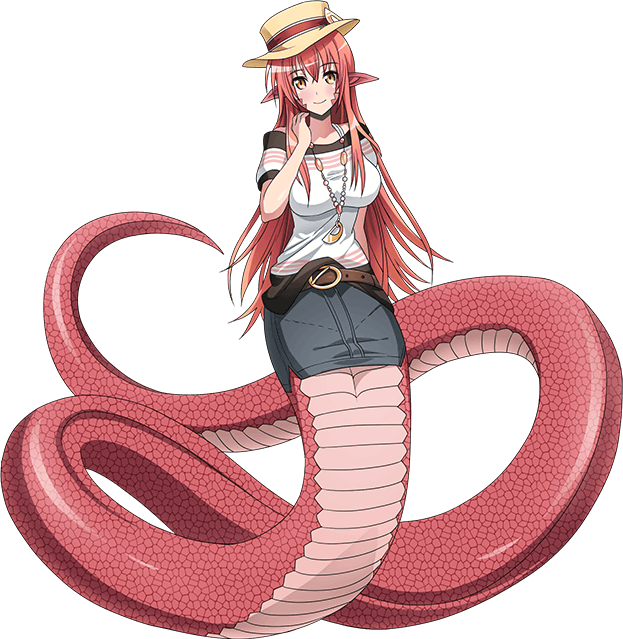 1girl artist_request black_skirt blush breasts eyebrows_visible_through_hair full_body hair_ornament hairclip hat hat_ornament jewelry lamia large_breasts long_hair miia_(monster_musume) monster_girl monster_musume_no_iru_nichijou monster_musume_no_iru_nichijou_online necklace official_alternate_costume official_art pointy_ears redhead scales shirt skirt slit_pupils solo transparent_background very_long_hair white_shirt yellow_eyes