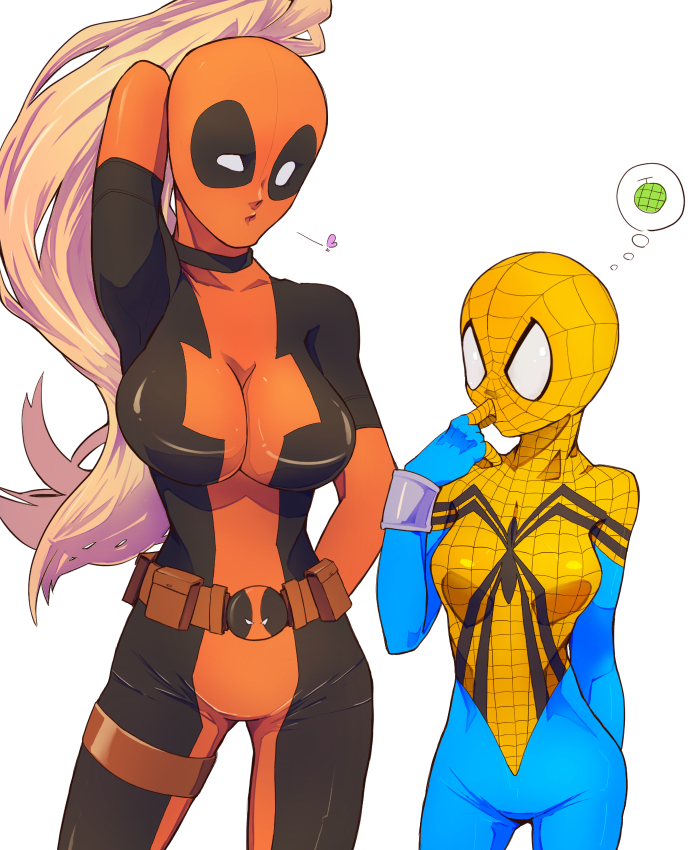 2girls belt blonde_hair blowing_kiss bodysuit breast_envy breasts brown_belt food fruit heart height_difference impossible_bodysuit impossible_clothes lady_deadpool large_breasts long_hair looking_to_the_side marvel mayday_parker melon multiple_girls ponsuke_(pondelion7211) ponytail red_bodysuit small_breasts spider-girl spider-man_(series) spider_web_print spoken_object superhero thought_bubble wanda_wilson white_eyes