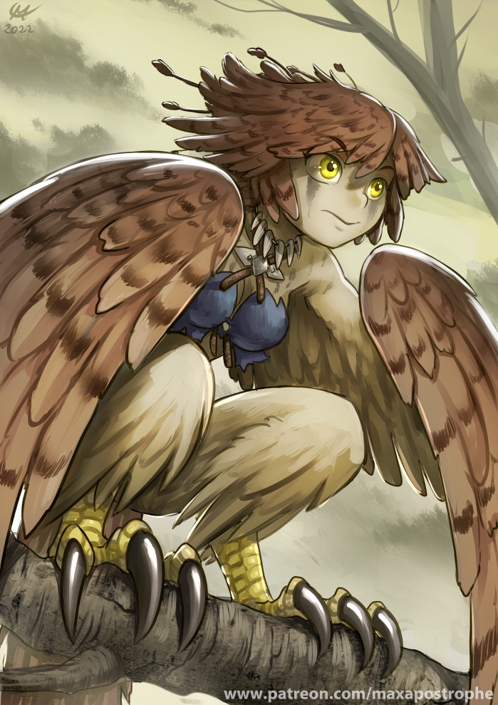 1girl bird_legs breasts brown_feathers brown_wings commentary_request eyebrows_visible_through_hair facial_mark feather_hair harpy in_tree jewelry maxa' mixed-language_commentary monster_girl necklace original patreon_username short_hair small_breasts solo talons tooth_necklace tree winged_arms wings yellow_eyes