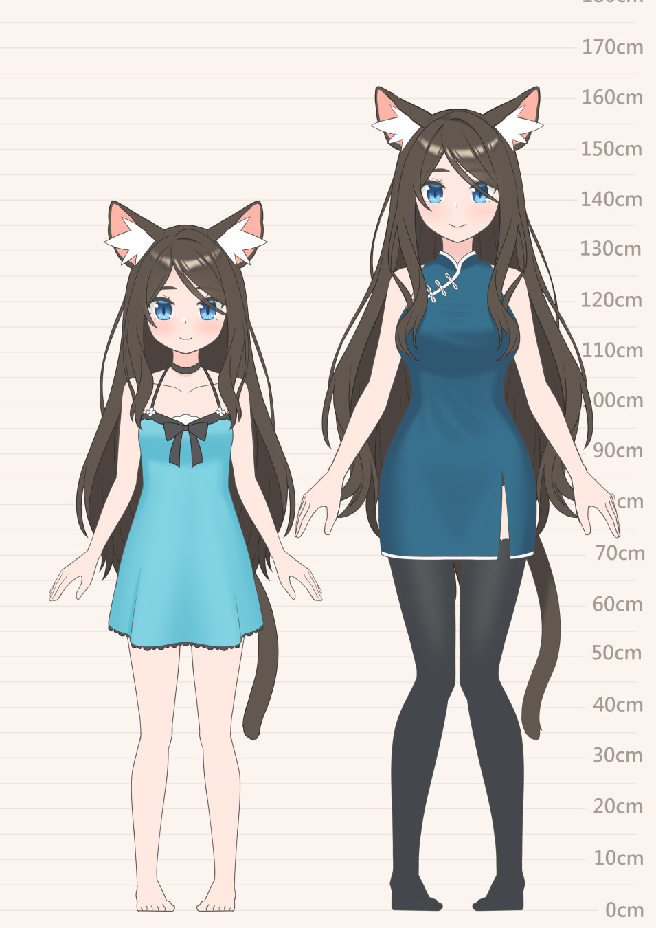 1girl age_progression aina_(mao_lian) animal_ear_fluff animal_ears arms_at_sides bare_shoulders barefoot black_choker black_legwear blue_dress blue_eyes blush brown_hair cat_ears cat_tail china_dress chinese_clothes choker closed_mouth dress height_chart highres long_hair looking_at_viewer mao_lian_(nekokao) multiple_views original pigeon-toed side_slit smile tail thigh-highs