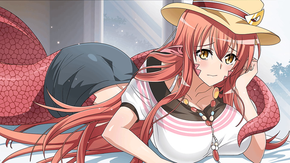1girl arm_support artist_request black_skirt blush breasts eyebrows_visible_through_hair game_cg hair_ornament hairclip hat_ornament jewelry lamia large_breasts long_hair looking_at_viewer miia_(monster_musume) monster_girl monster_musume_no_iru_nichijou monster_musume_no_iru_nichijou_online necklace official_alternate_costume official_art pointy_ears redhead scales shirt skirt slit_pupils solo very_long_hair white_shirt yellow_eyes