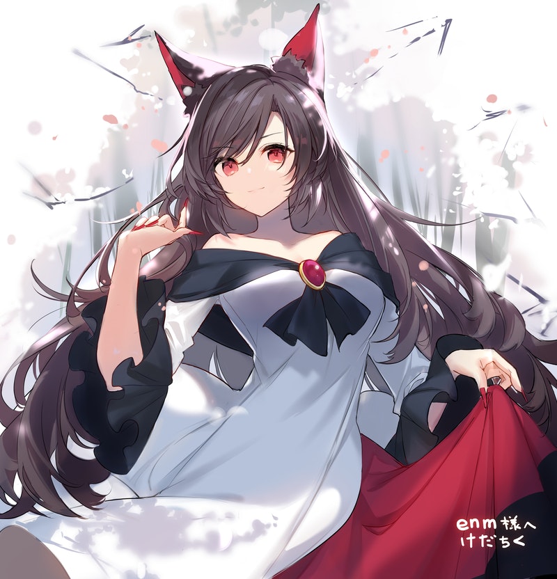 1girl animal_ear_fluff animal_ears brooch brown_hair clothes_lift commission dress eyebrows_visible_through_hair fingernails fukuda935 imaizumi_kagerou jewelry long_fingernails long_hair long_sleeves looking_at_viewer off-shoulder_dress off_shoulder red_eyes red_nails skeb_commission skirt skirt_lift smile solo touhou tree white_dress wide_sleeves wolf_ears