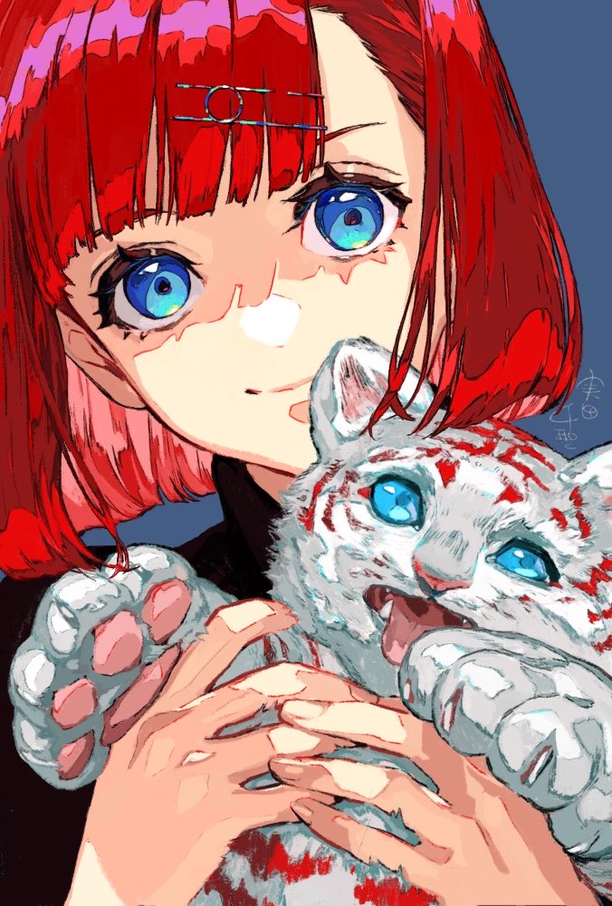 1girl animal bangs blue_background blue_eyes cat chinese_zodiac eyebrows_behind_hair fangs hair_ornament hairclip head_tilt holding holding_animal holding_cat looking_at_viewer mita_chisato original redhead short_hair smile solo tiger tiger_cub tongue tongue_out white_tiger year_of_the_tiger