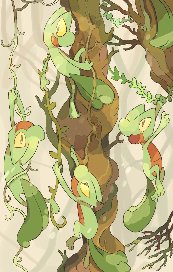 akadako animal_focus black_eyes brown_eyes climbing closed_mouth colored_sclera commentary_request dated_commentary from_behind full_body happy in_tree looking_down no_humans one-hour_drawing_challenge open_mouth outdoors partial_commentary plant pokemon pokemon_(creature) smile tree treecko vines yellow_sclera