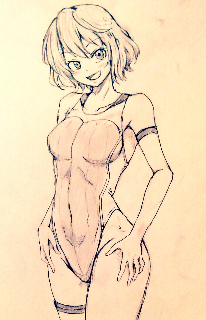 1girl breasts commentary_request covered_navel cowboy_shot d-m_(dii_emu) eyebrows_visible_through_hair eyelashes greyscale hands_on_hips horikawa_raiko looking_at_viewer monochrome one-piece_swimsuit short_hair sketch small_breasts swimsuit touhou traditional_media