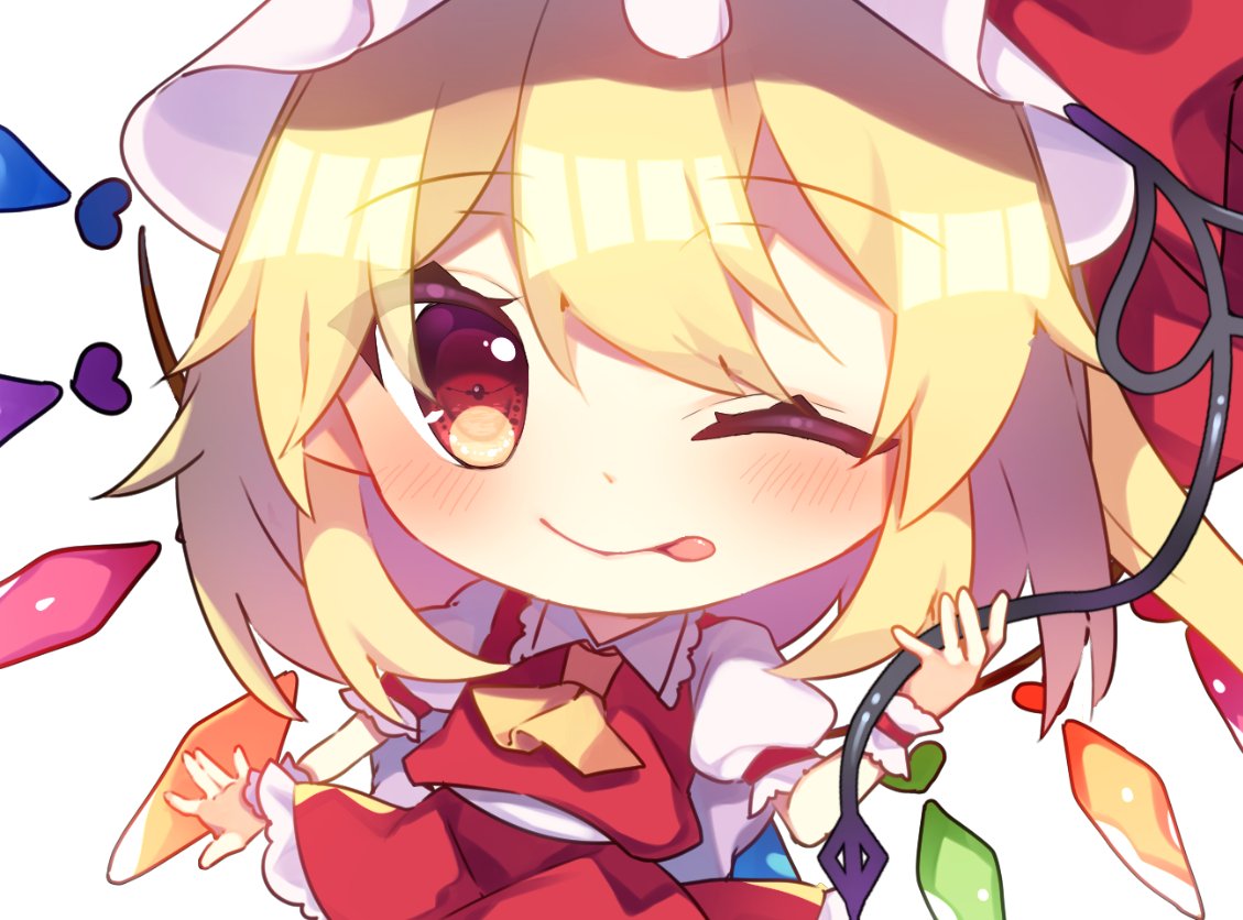 1girl ascot blonde_hair blush chibi crystal eyebrows_visible_through_hair flandre_scarlet hat heart looking_at_viewer mob_cap one_eye_closed puffy_short_sleeves puffy_sleeves red_eyes red_ribbon red_skirt red_vest ribbon shirt short_sleeves skirt skirt_set smile solo tongue tongue_out touhou unya_(coco121955) vest white_background white_headwear white_shirt wings