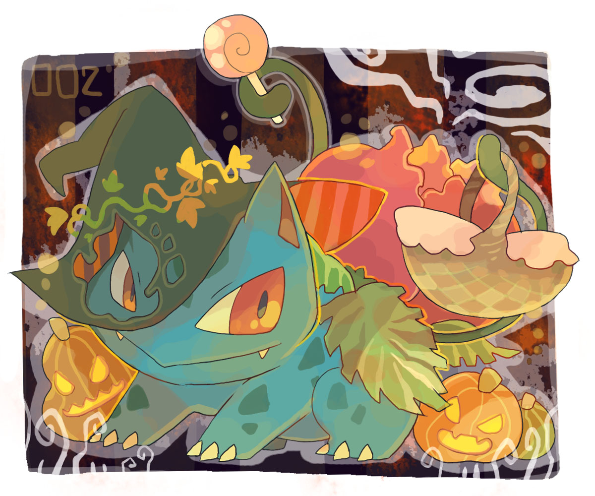 :&gt; akadako animal_focus basket border candy claws closed_mouth clothed_pokemon commentary_request dated_commentary fangs fangs_out food full_body green_headwear halloween hat ivysaur jack-o'-lantern lollipop looking_to_the_side no_humans one-hour_drawing_challenge outline outside_border partial_commentary plant pokedex_number pokemon pokemon_(creature) pumpkin red_eyes solo vines white_border witch_hat