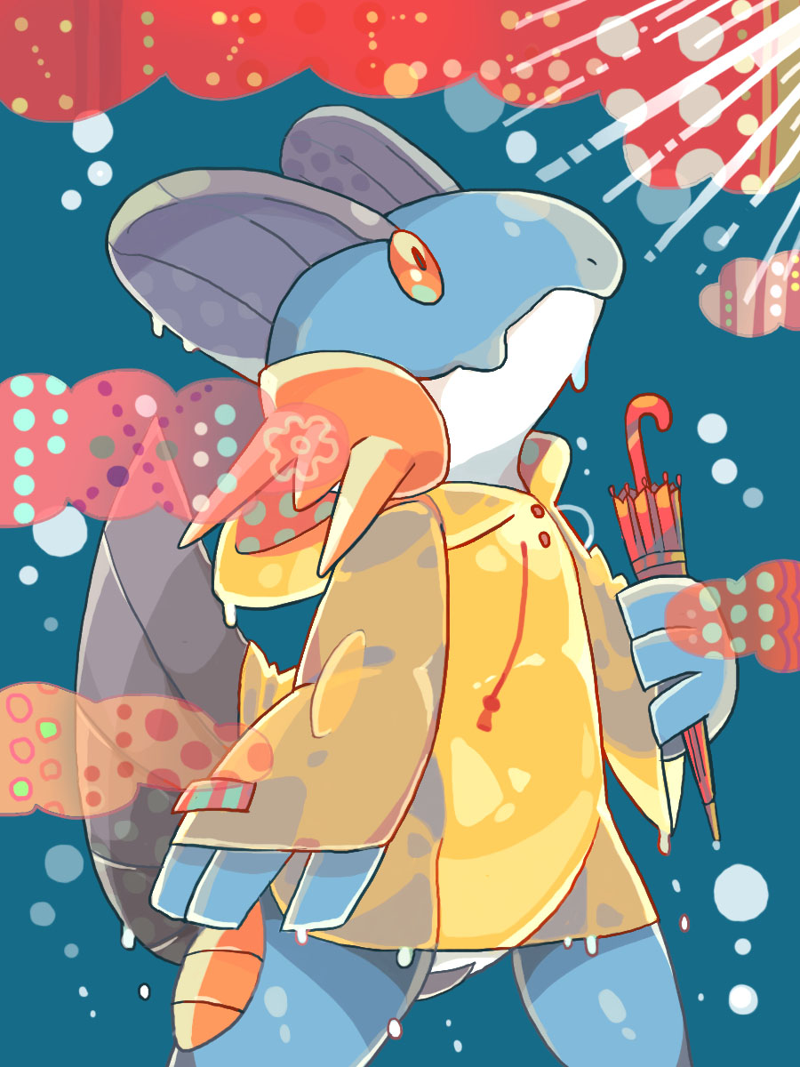 akadako animal_focus blue_background closed_mouth clothed_pokemon clouds commentary_request cowboy_shot dated_commentary hand_up highres holding holding_umbrella long_sleeves looking_up no_humans one-hour_drawing_challenge orange_eyes partial_commentary pokemon pokemon_(creature) rain raincoat see-through solo standing swampert umbrella wet