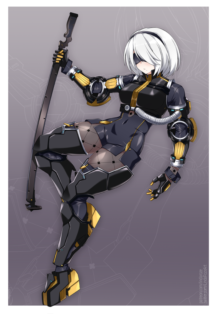 1girl alternate_costume armor armored_boots black_blindfold black_dress blindfold blueprint bodystocking bodysuit boots commentary commission dress english_commentary fishnet_bodysuit fishnets full_body highres industrial lindaroze mechanical_arms mechanical_boots mechanical_gloves military military_uniform mole mole_under_mouth nier_(series) nier_automata outline sketch sword tube uniform weapon yorha_no._2_type_b zoom_layer