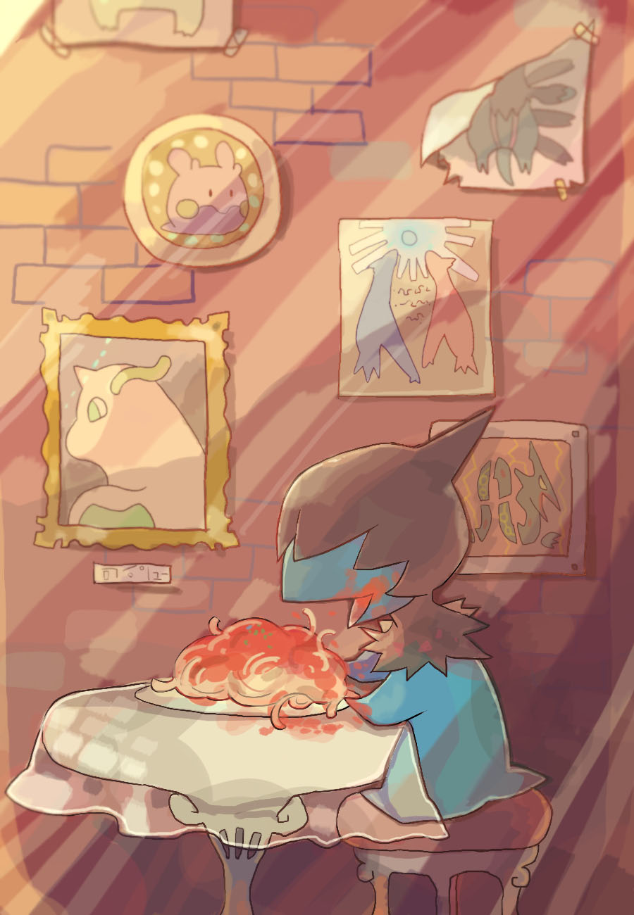 akadako animal_focus brick_wall commentary_request dated_commentary deino_(pokemon) dragonite eating food food_on_face full_body goomy highres hydreigon indoors latias latios no_humans on_stool one-hour_drawing_challenge open_mouth paper partial_commentary pasta photo_(object) picture_frame plate pokemon pokemon_(creature) rayquaza restaurant sitting solo spaghetti table tape