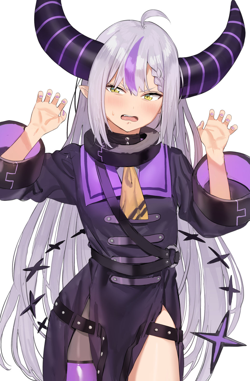 1girl ahoge bangs braid flat_chest highres hololive horns la+_darknesss long_hair open_mouth purple_hair purple_legwear silver_hair simple_background solo subachi tail thigh-highs very_long_hair virtual_youtuber white_background yellow_eyes