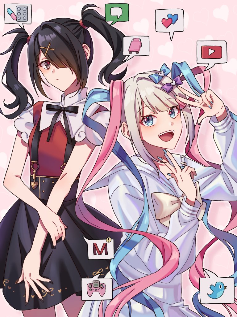 2girls :d ame-chan_(needy_girl_overdose) black_hair black_nails black_ribbon black_skirt blonde_hair blue_bow blue_eyes blue_hair blue_nails bow chouzetsusaikawa_tenshi-chan closed_mouth expressionless hair_bow hair_ornament hair_over_one_eye heart long_sleeves multicolored_hair multiple_girls neck_ribbon needy_girl_overdose nupi_000 open_mouth pink_background pink_bow pink_hair purple_bow red_shirt ribbon sailor_collar sailor_shirt school_uniform serafuku shirt short_sleeves skirt smile speech_bubble suspender_skirt suspenders twintails white_sailor_collar white_shirt white_skirt x_hair_ornament yellow_ribbon