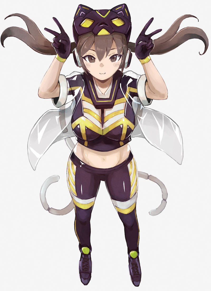 1girl :3 bangs breasts brown_eyes brown_hair cat_mask closed_mouth commentary_request crop_top double_v duel_monster earpiece fake_tail floating_hair full_body gloves groin hair_between_eyes hands_up i:p_masquerena ishii_(young-moon) jacket large_breasts long_hair looking_at_viewer mask midriff multicolored_pants multicolored_shirt navel open_clothes open_jacket pants purple_gloves purple_pants purple_shirt see-through see-through_jacket shirt short_sleeves sidelocks simple_background smile solo standing tail tight tight_pants twintails v white_background yu-gi-oh!