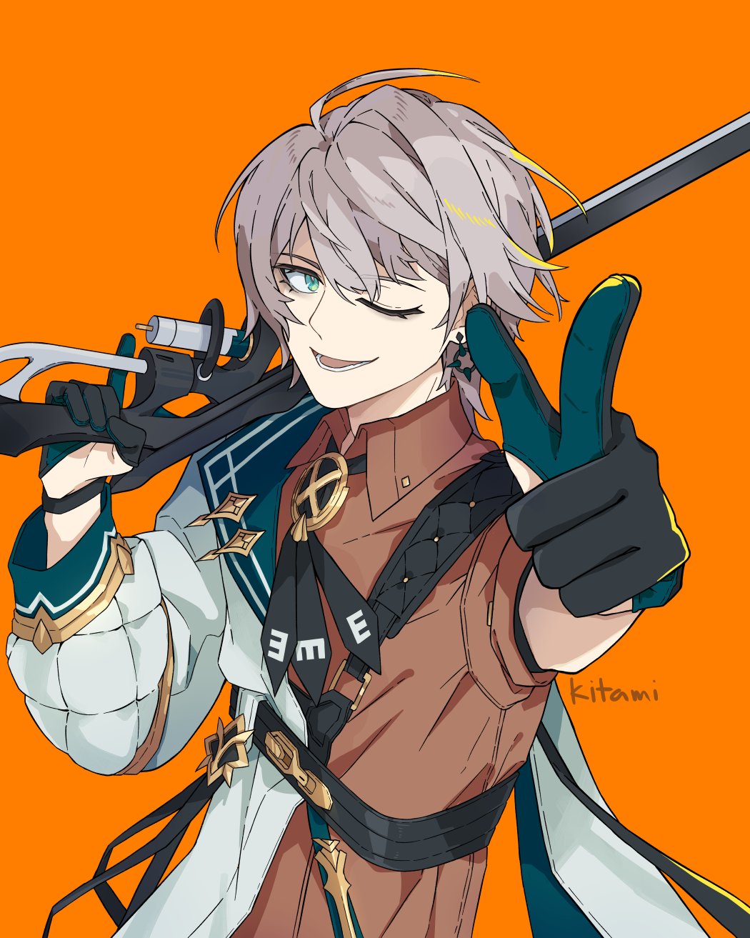 1boy :d asymmetrical_sleeves bang_(gesture) bangs black_gloves black_neckwear brown_hair brown_jacket earrings finger_gun gloves green_eyes gun highres holding holding_gun holding_weapon honkai_(series) honkai_impact_3rd jacket jewelry kitamiteo looking_at_viewer lyle_collodi_(honkai_impact) mismatched_sleeves multicolored_clothes multicolored_jacket one_eye_closed open_mouth orange_background pointing pointing_at_viewer rifle short_hair simple_background smile sniper_rifle solo weapon white_jacket