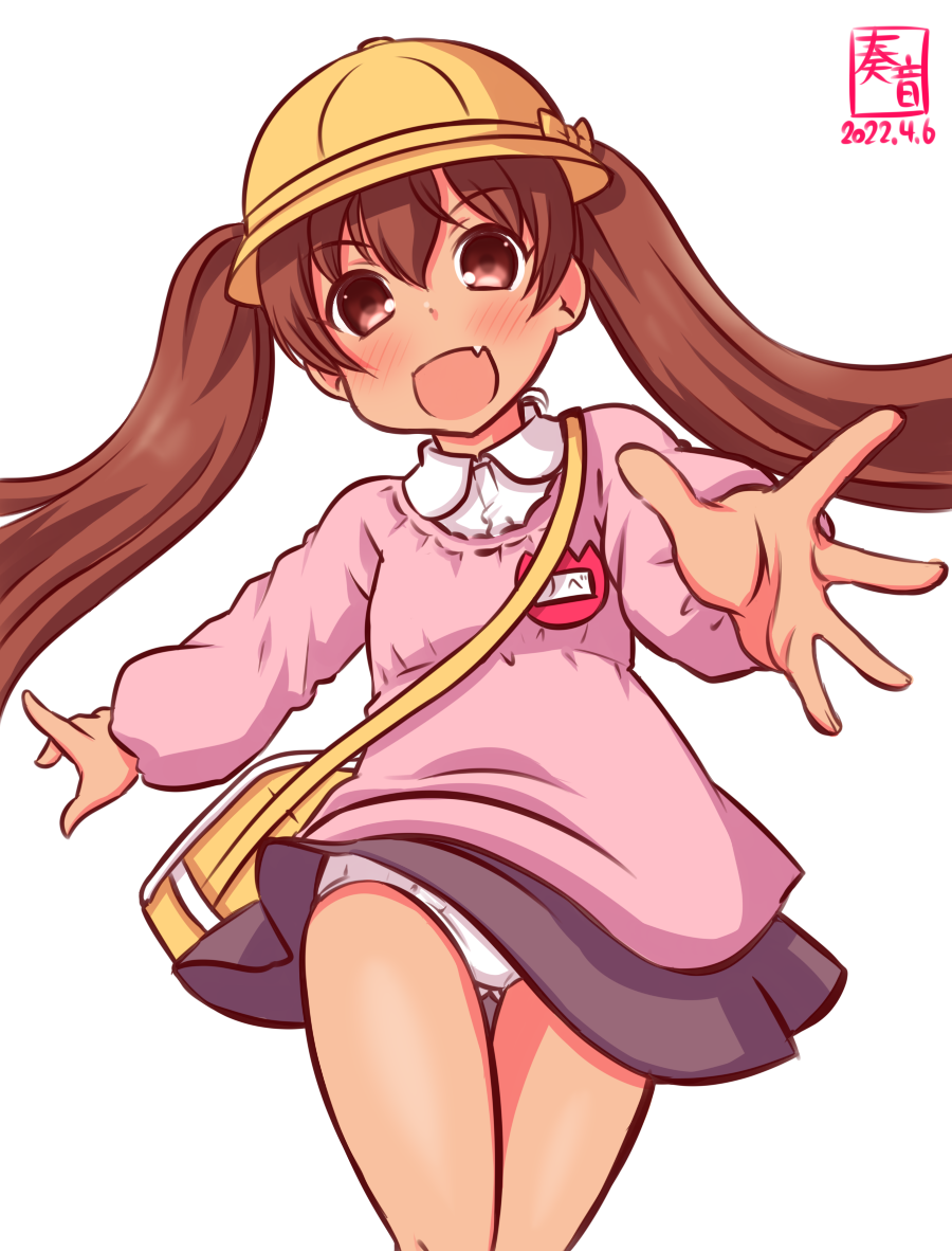1girl alternate_costume artist_logo ass_visible_through_thighs bag brown_eyes brown_hair commentary_request cowboy_shot dark_skin dated fang foreshortening grey_skirt hat kanon_(kurogane_knights) kantai_collection kindergarten_bag kindergarten_uniform libeccio_(kancolle) long_hair long_sleeves looking_at_viewer name_tag one-hour_drawing_challenge panties pink_shirt pleated_skirt school_hat school_uniform shirt simple_background skin_fang skirt solo twintails underwear white_background white_panties yellow_headwear