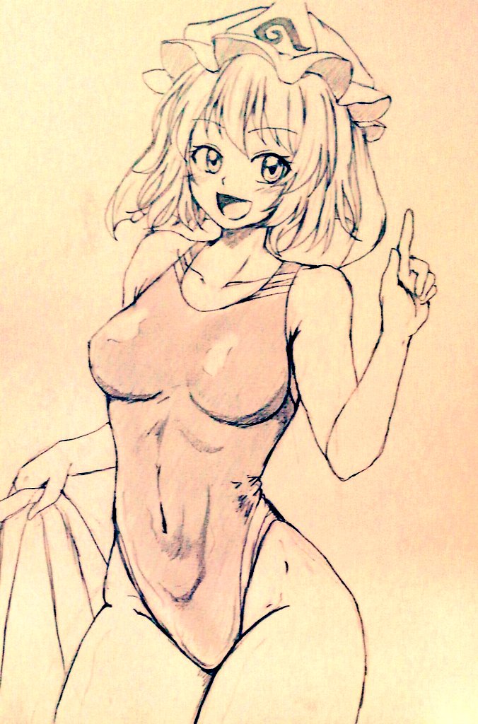 1girl breasts commentary_request covered_navel cowboy_shot d-m_(dii_emu) eyebrows_visible_through_hair eyelashes greyscale hat looking_at_viewer medium_breasts mob_cap monochrome one-piece_swimsuit open_mouth pointing pointing_up saigyouji_yuyuko sarong sarong_removed short_hair swimsuit touhou traditional_media triangular_headpiece wavy_hair