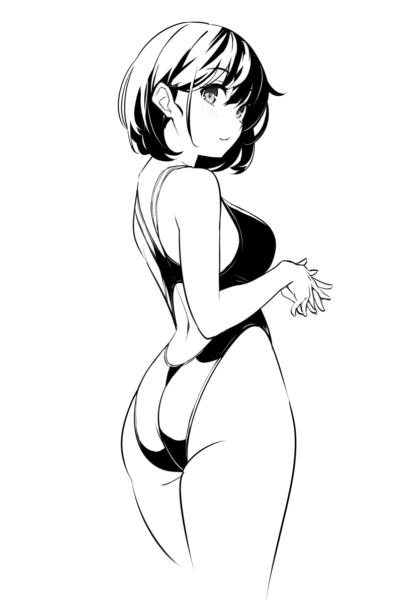 1girl ass back bangs bare_shoulders breasts greyscale highleg highleg_swimsuit highres kekemotsu large_breasts looking_at_viewer looking_back monochrome one-piece_swimsuit original short_hair solo swimsuit thighs