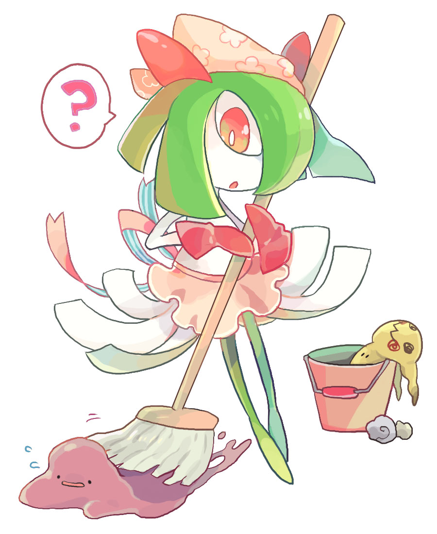 ._. 1girl ? akadako apron bangs black_eyes bright_pupils bucket cleaning clothed_pokemon colored_skin commentary_request dated_commentary ditto flat_chest floral_print flying_sweatdrops full_body gloves green_hair green_skin hair_over_one_eye hands_up head_scarf holding holding_mop kirlia looking_at_another looking_down medium_hair mimikyu mop multicolored_skin one-hour_drawing_challenge one_eye_covered open_mouth partial_commentary pink_apron pink_headwear pokemon pokemon_(creature) red_eyes red_gloves sidelocks simple_background solo_focus speech_bubble spoken_question_mark standing two-tone_skin waist_apron white_background white_pupils white_skin