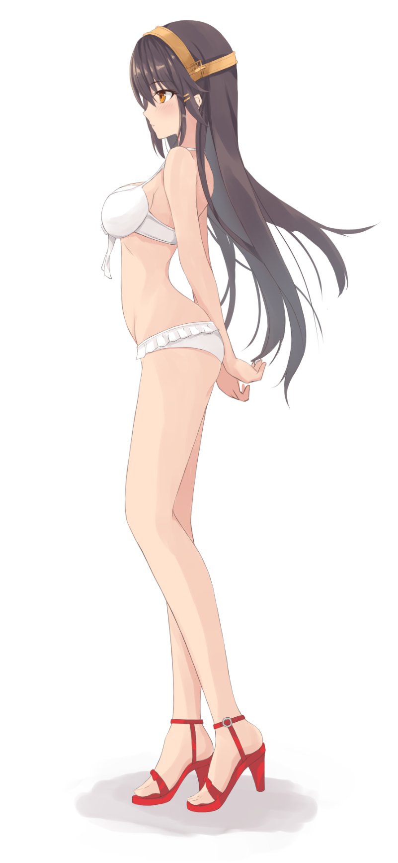 1girl arms_behind_back bikini black_hair breasts brown_eyes commentary from_side full_body gensoukitan hair_ornament hairclip haruna_(kancolle) haruna_kai_ni_(kancolle) headgear high_heels highres kantai_collection large_breasts long_hair official_alternate_costume red_footwear simple_background solo swimsuit white_background white_bikini