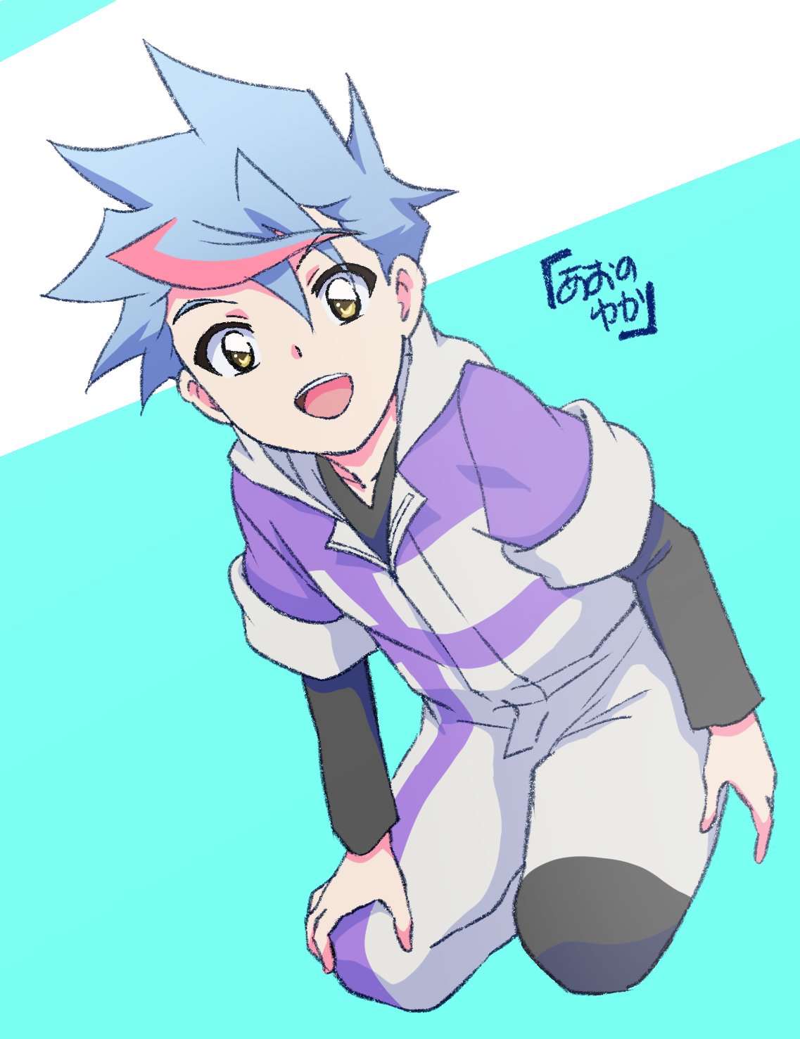 1boy aono_yuka black_shirt blue_hair collarbone highres hooded_jumpsuit jumpsuit kneeling male_focus multicolored_hair open_hand pink_hair shinkansen_henkei_robo_shinkalion shinkansen_henkei_robo_shinkalion_z shirt smile solo streaked_hair usui_abuto white_jumpsuit yellow_eyes